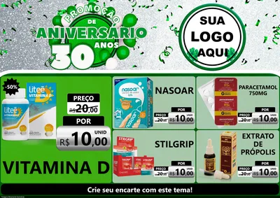 Modelo de Encarte para Encarte A4 Horizontal com o tema Promoção de Aniversário - 30 Anos para Farmácia