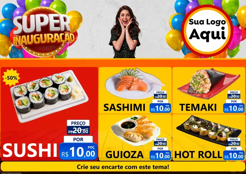 Modelo de Encarte para Encarte A4 Horizontal com o tema Super Inauguração para Comida japonesa