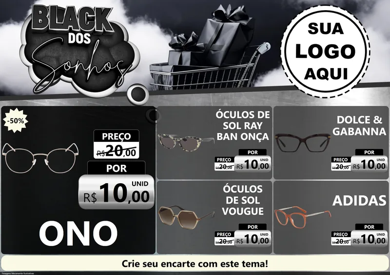 Modelo de Encarte para Encarte A4 Horizontal com o tema Black dos Sonhos para Óticas