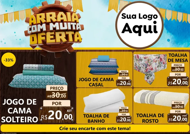 Modelo de Encarte para Encarte A4 Horizontal com o tema Ofertas de São João - Junina para Cama, Mesa e Banho