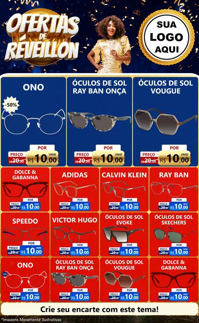 Modelo de Encarte para Encarte Grande com o tema Ofertas de Réveillon para Óticas