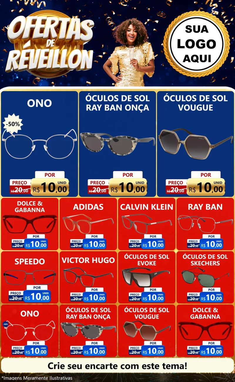 Modelo de Encarte para Encarte Grande com o tema Ofertas de Réveillon para Óticas