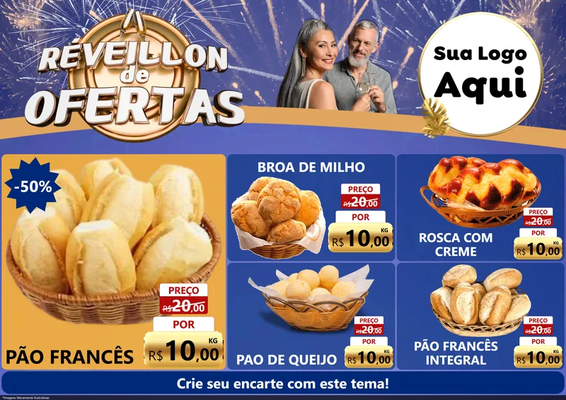 Modelo de Encarte para Encarte A4 Horizontal com o tema Réveillon de Ofertas para Padaria