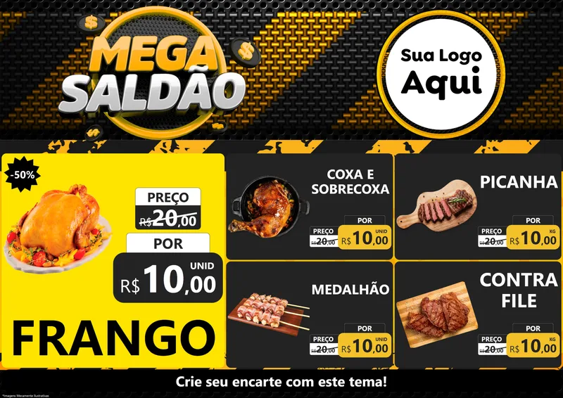 Modelo de Encarte para Encarte A4 Horizontal com o tema Mega Saldão para Assados