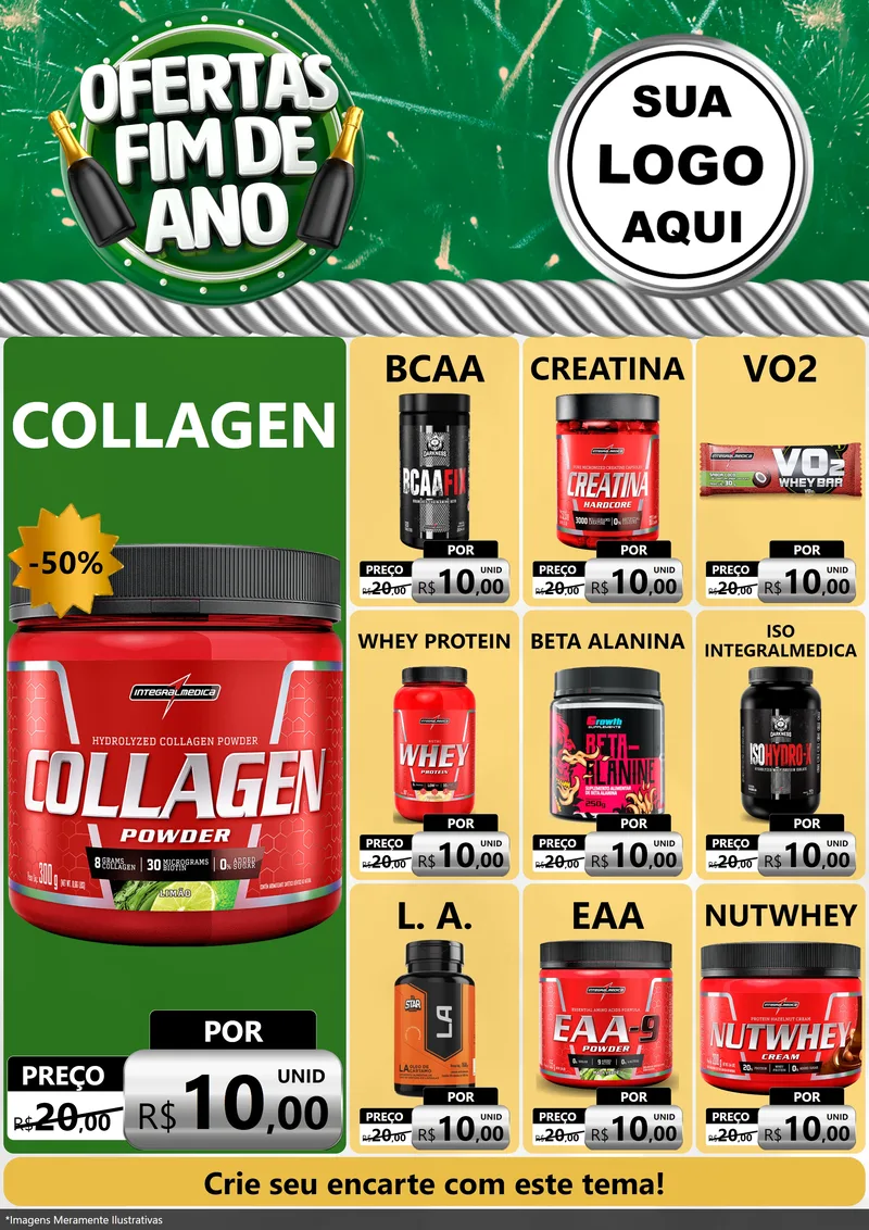 Modelo de Encarte para Encarte A4 Vertical com o tema Ofertas Fim de Ano para Suplementos alimentares