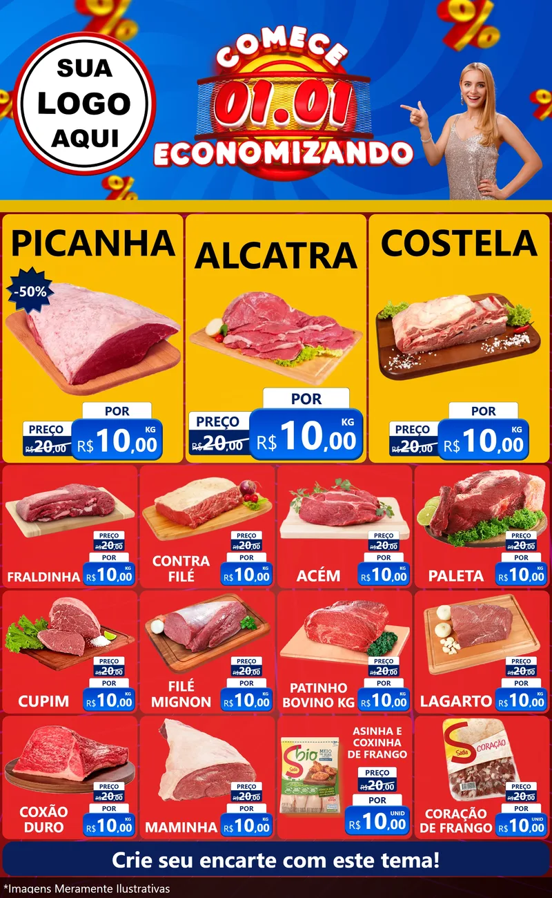 Modelo de Encarte para Encarte Grande com o tema Comece 1º de Janeiro Economizando para Açougue