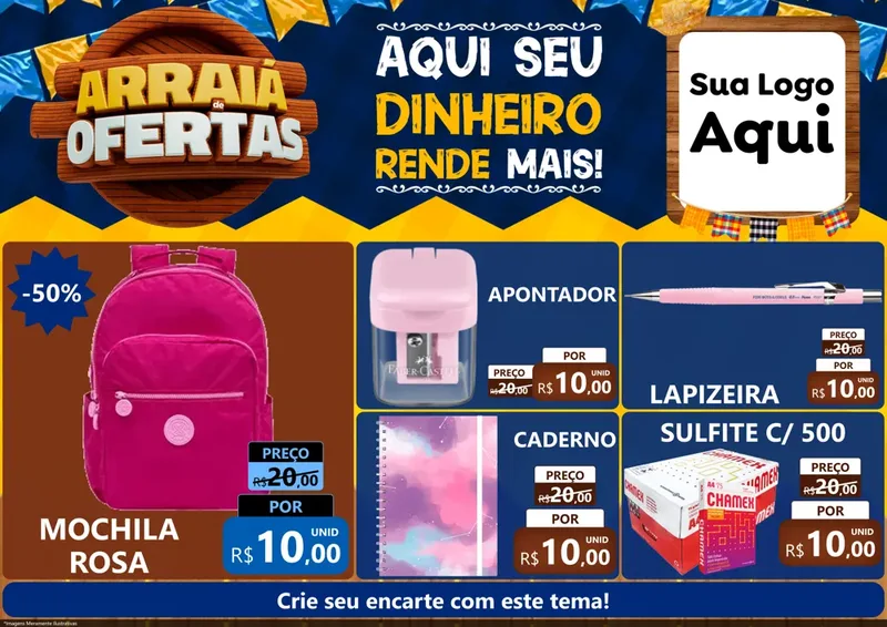 Modelo de Encarte para Encarte A4 Horizontal com o tema Arraiá de Ofertas - Junina para Papelaria