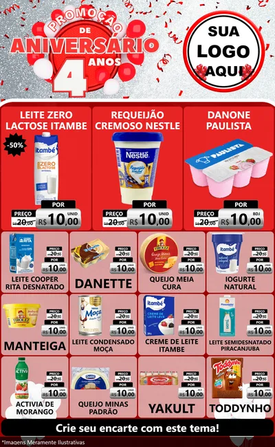 Modelo de Encarte para Encarte Grande com o tema Promoção de Aniversário - 4 Anos para Frios e Laticínios