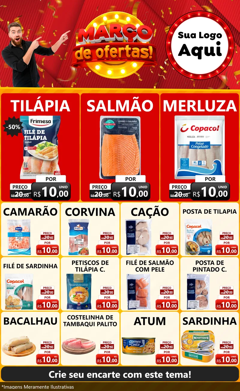 Modelo de Encarte para Encarte Grande com o tema Março de Ofertas! para Peixaria