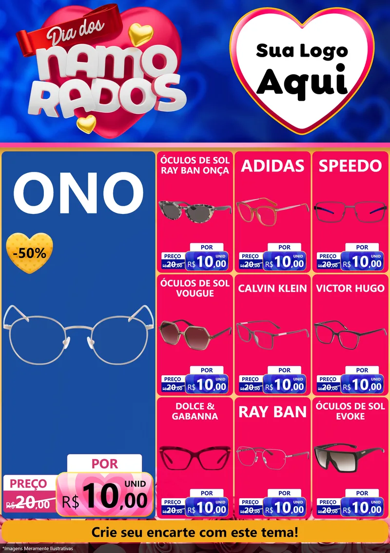 Modelo de Encarte para Encarte A4 Vertical com o tema Dia dos namorados para Óticas