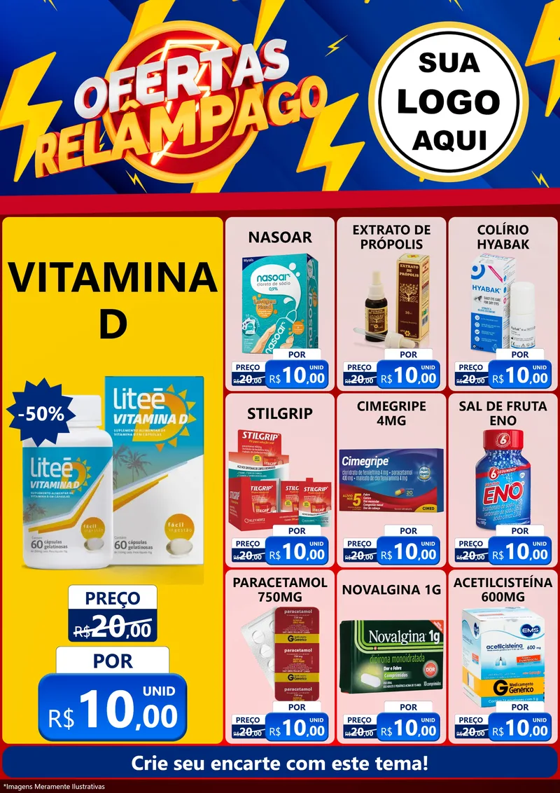 Modelo de Encarte para Encarte A4 Vertical com o tema Ofertas Relâmpago para Farmácia