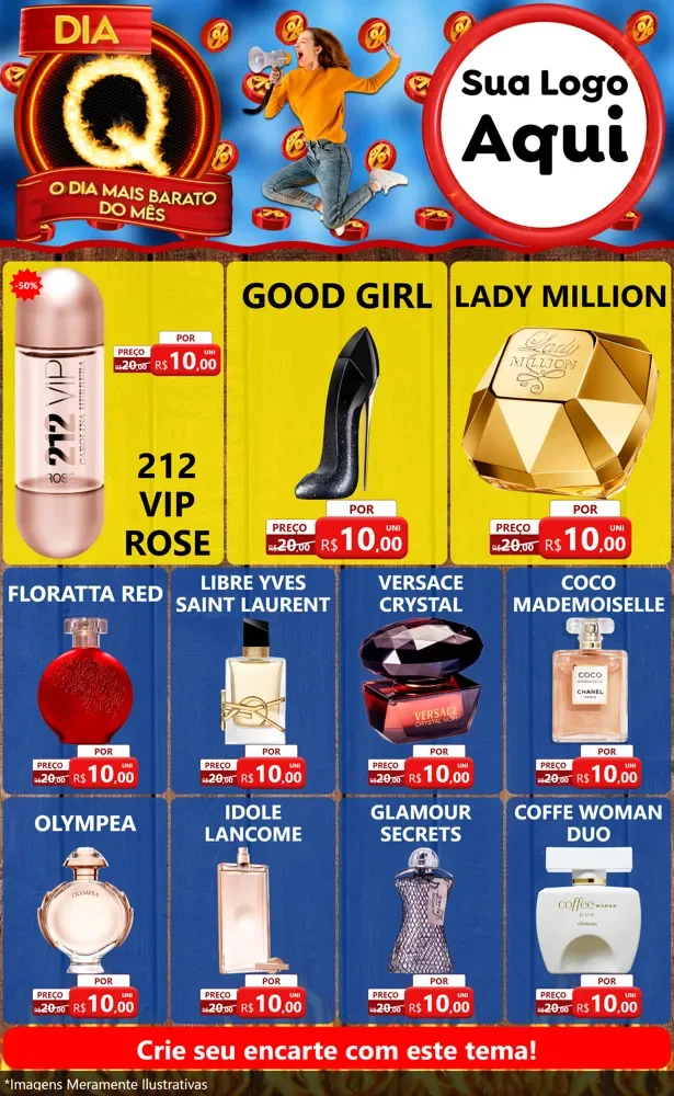 Modelo de Encarte para Encarte Grande com o tema Dia Q - O Dia Mais Barato Do Mês para Perfumes