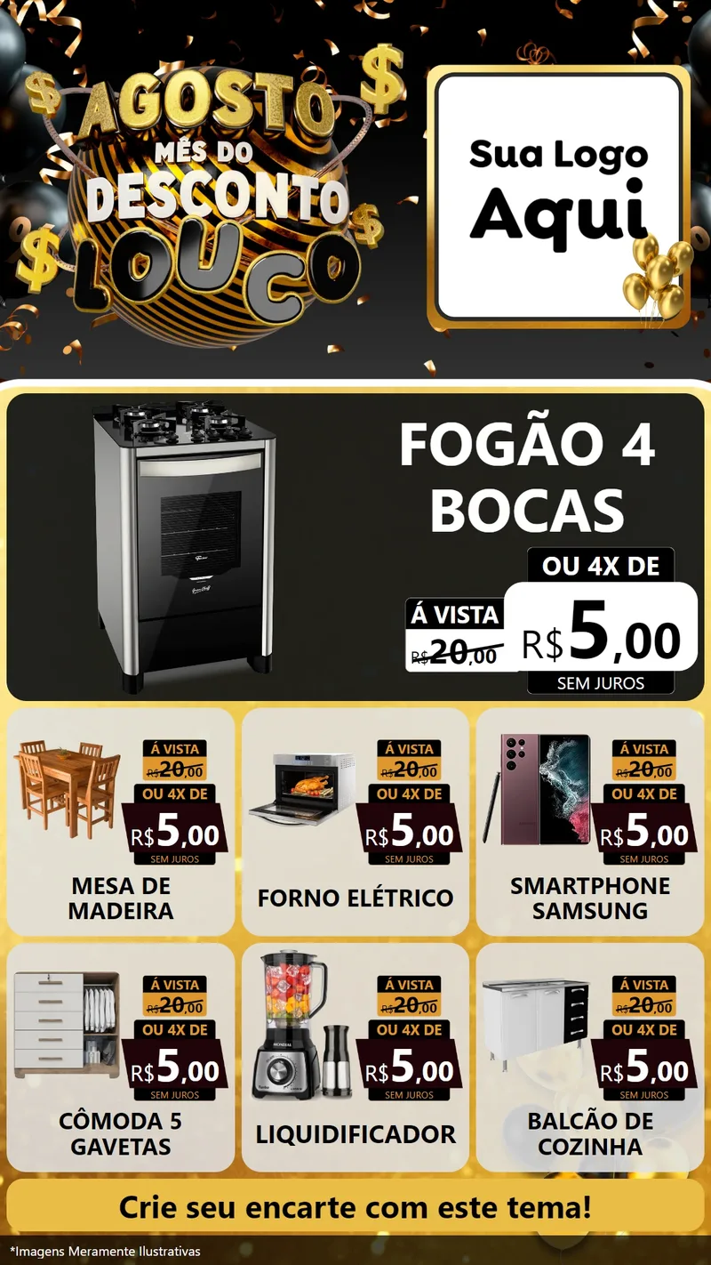 Modelo de Rede Social para Stories com o tema Agosto Mês do Desconto Louco para Móveis e Eletro