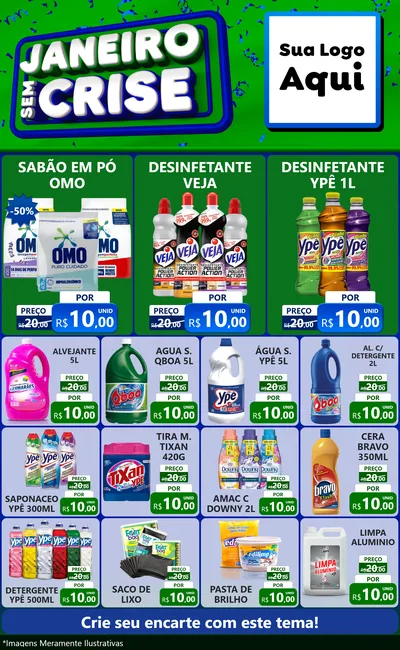 Modelo de Encarte para Encarte Grande com o tema Janeiro Sem Crise para Produtos de Limpeza
