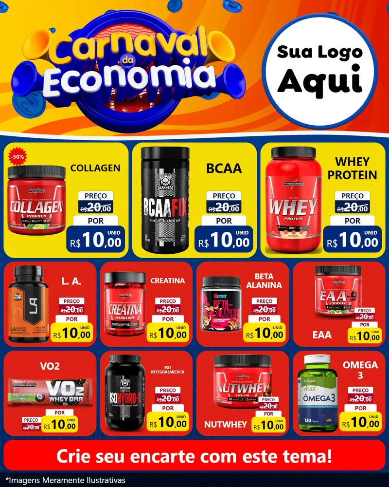 Modelo de Rede Social para Feed Instagram com o tema Carnaval da Economia para Suplementos alimentares
