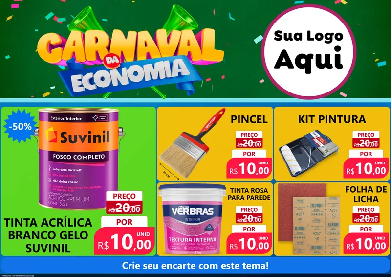Modelo de Encarte para Encarte A4 Horizontal com o tema Carnaval da Economia para Tintas e Ferramentas
