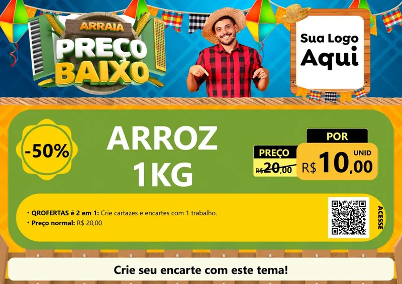 Modelo de Cartaz para Cartaz A4 Horizontal com o tema Arraiá de Preço Baixo - Junina para Supermercado