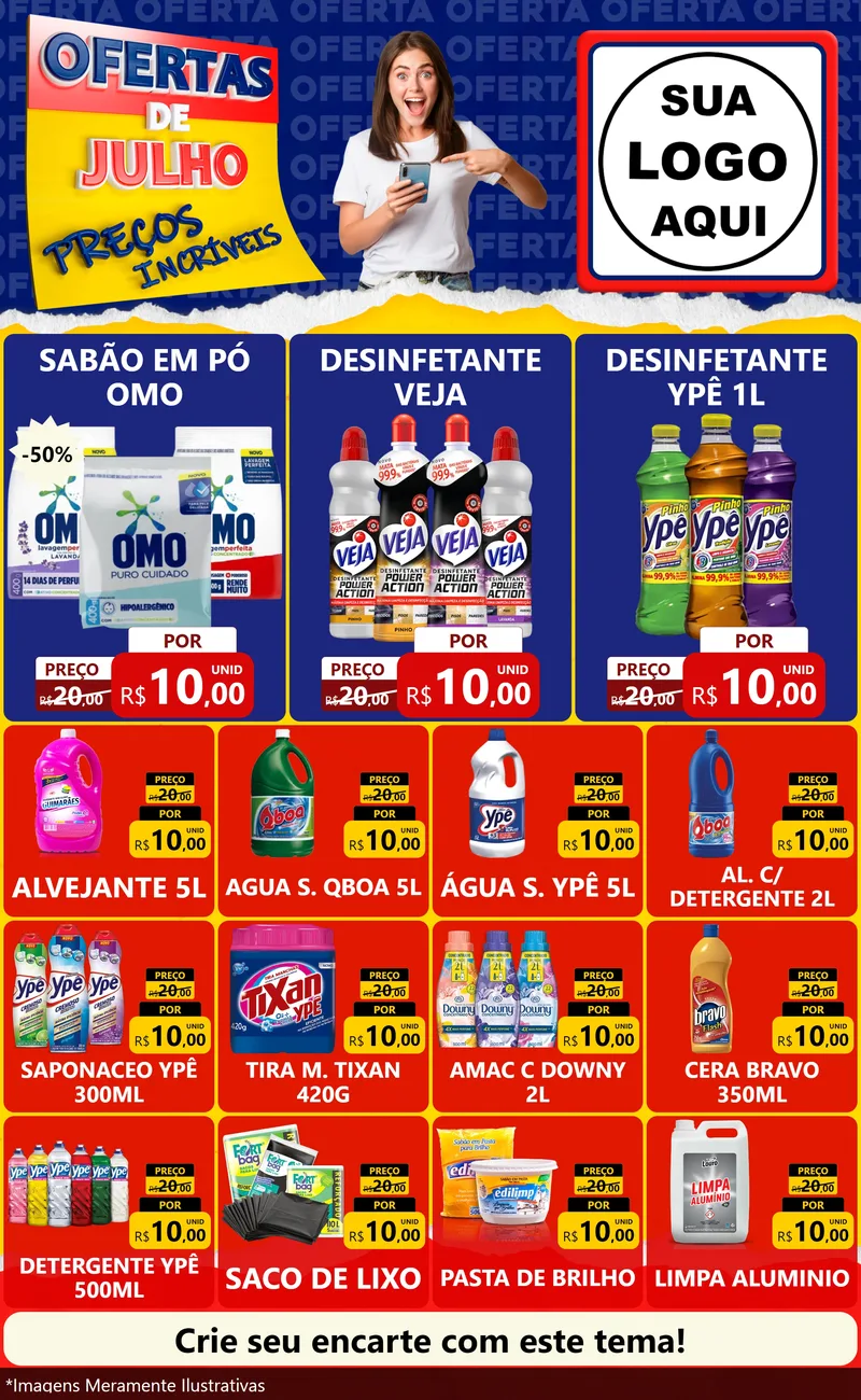 Modelo de Encarte para Encarte Grande com o tema Ofertas de Julho - Preços Incríveis para Produtos de Limpeza