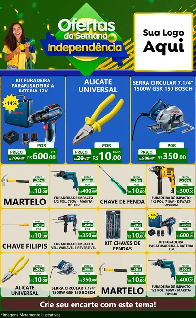 Modelo de Encarte para Encarte Grande com o tema Ofertas da Semana da Independência para Maquinas e Ferramentas