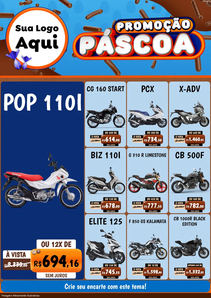 Modelo de Encarte para Encarte A4 Vertical com o tema Promoção Páscoa para Concessionaria de Motos