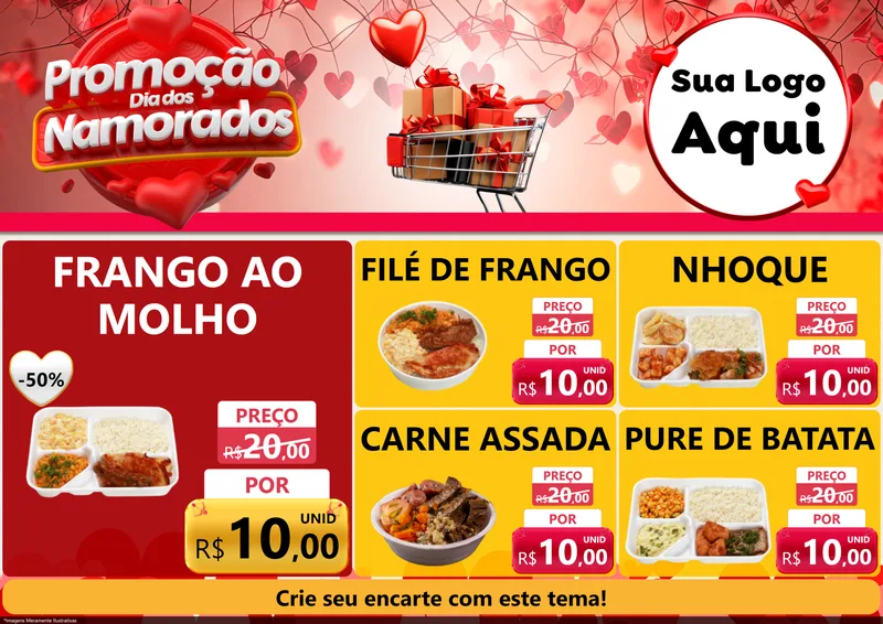 Modelo de Encarte para Encarte A4 Horizontal com o tema Promoção Dia dos Namorados para Restaurante