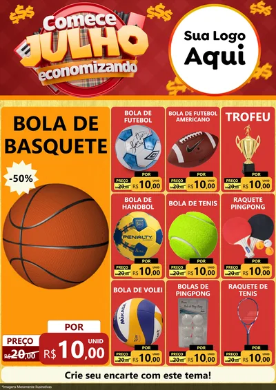 Modelo de Encarte para Encarte A4 Vertical com o tema Comece Julho Economizando para Artigos Esportivos