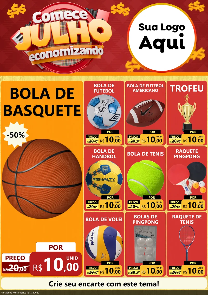 Modelo de Encarte para Encarte A4 Vertical com o tema Comece Julho Economizando para Artigos Esportivos