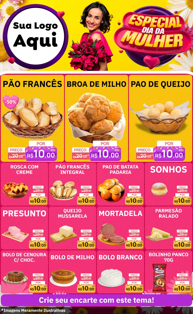 Modelo de Encarte para Encarte Grande com o tema Especial Dia da Mulher para Padaria