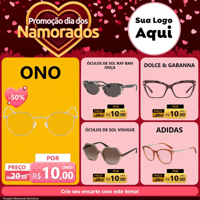 Modelo de Rede Social para Feed Facebook com o tema Promoção Dia Dos Namorados para Óticas
