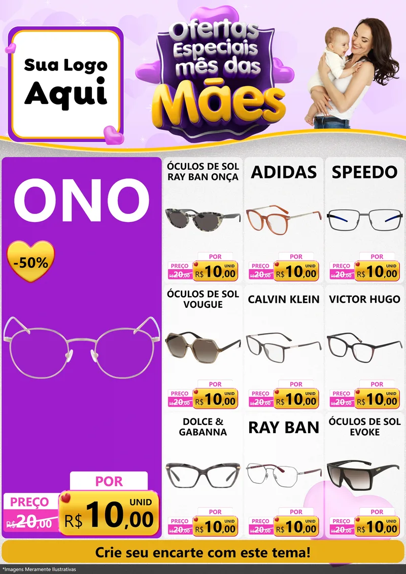 Modelo de Encarte para Encarte A4 Vertical com o tema Ofertas Especiais - Mês das Mães para Óticas