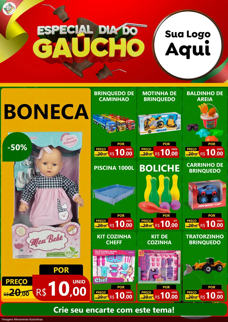 Modelo de Encarte para Encarte A4 Vertical com o tema Especial Dia do Gaúcho para Brinquedos