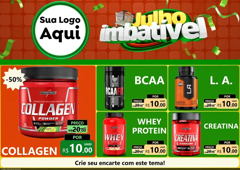 Modelo de Encarte para Encarte A4 Horizontal com o tema Julho Imbatível para Suplementos alimentares