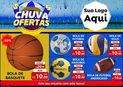 Modelo de Encarte para Encarte A4 Horizontal com o tema Chuva de Ofertas para Artigos Esportivos