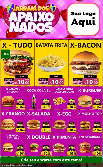 Modelo de Encarte para Encarte Grande com o tema Arraiá dos Apaixonados para Hamburgueria