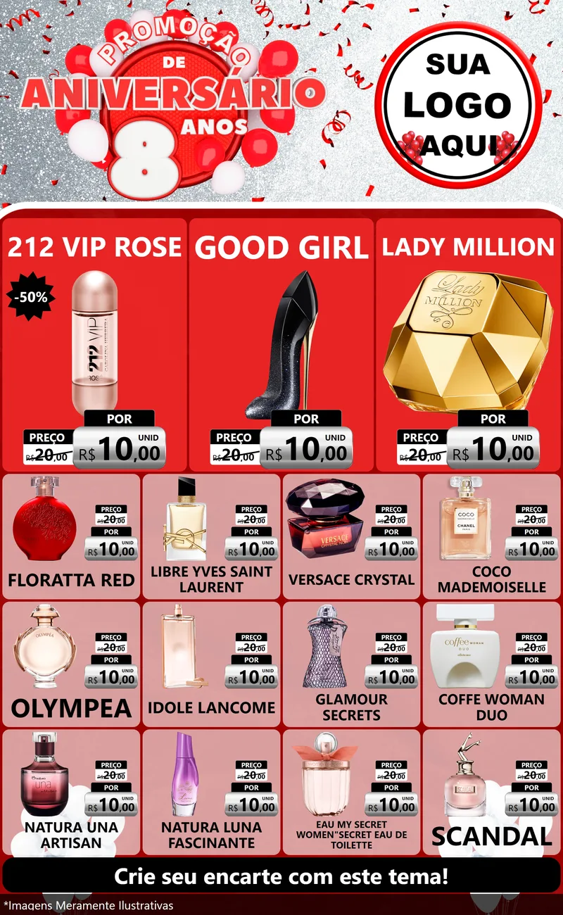 Modelo de Encarte para Encarte Grande com o tema Promoção de Aniversário - 8 Anos para Perfumes