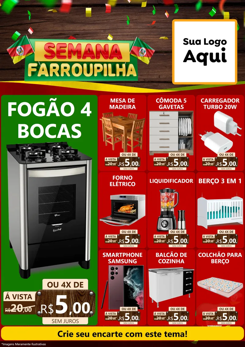 Modelo de Encarte para Encarte A4 Vertical com o tema Semana Farroupilha para Móveis e Eletro