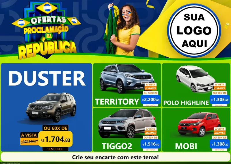 Modelo de Encarte para Encarte A4 Horizontal com o tema Ofertas Proclamação da República para Concessionaria de Carros