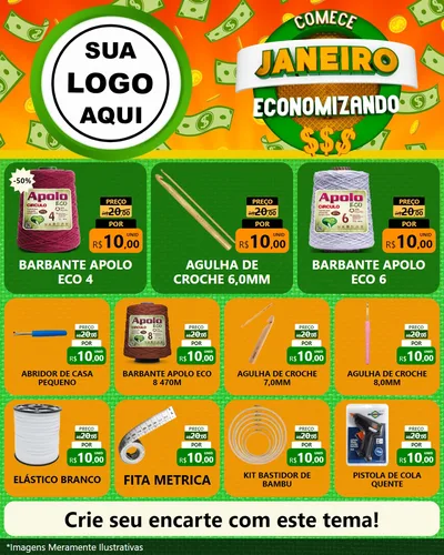 Modelo de Rede Social para Feed Instagram com o tema Comece Janeiro Economizando para Armarinho e Aviamentos