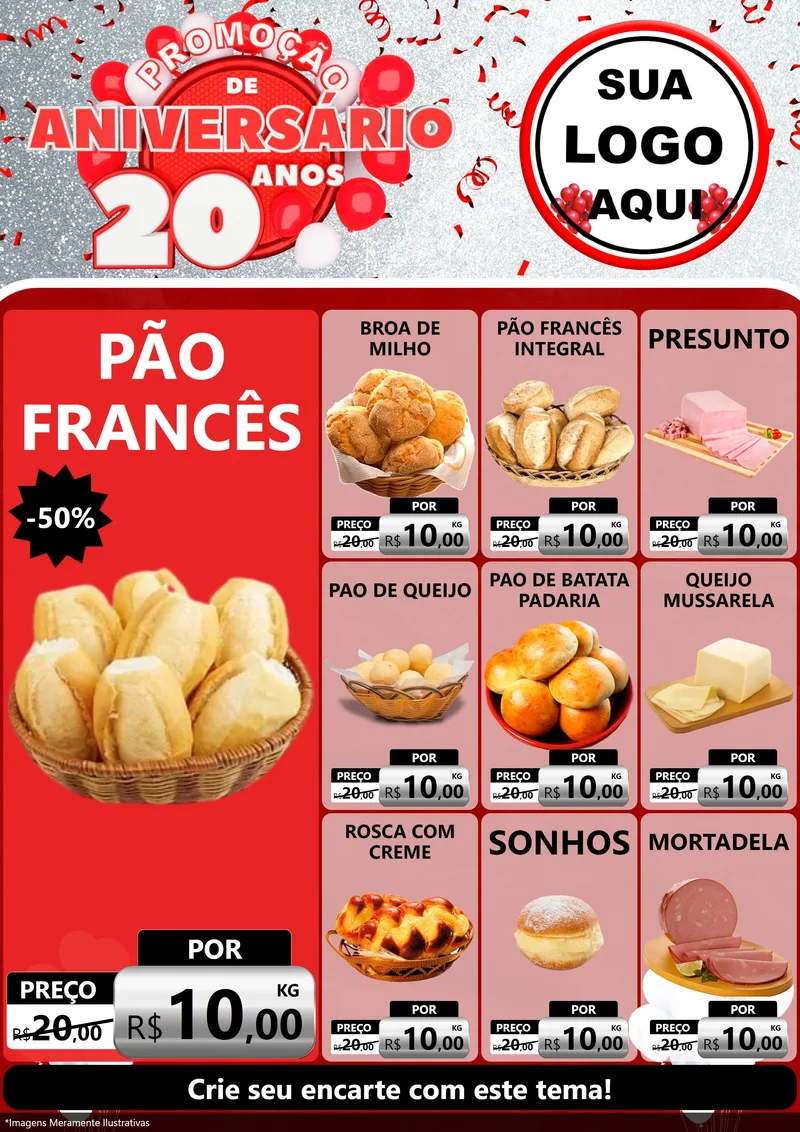 Modelo de Encarte para Encarte A4 Vertical com o tema Promoção de Aniversário - 20 Anos para Padaria