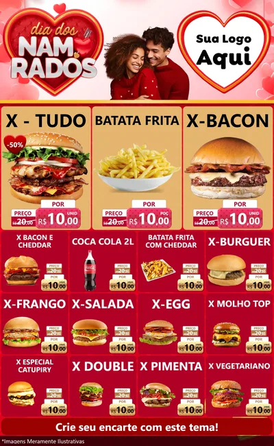 Modelo de Encarte para Encarte Grande com o tema Dia dos Namorados para Hamburgueria