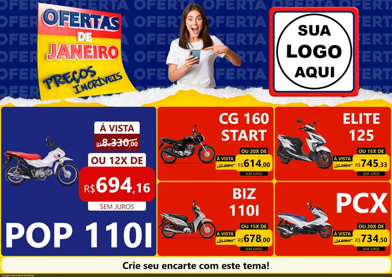 Modelo de Encarte para Encarte A4 Horizontal com o tema Ofertas de Janeiro - Preços Incríveis para Concessionaria de Motos