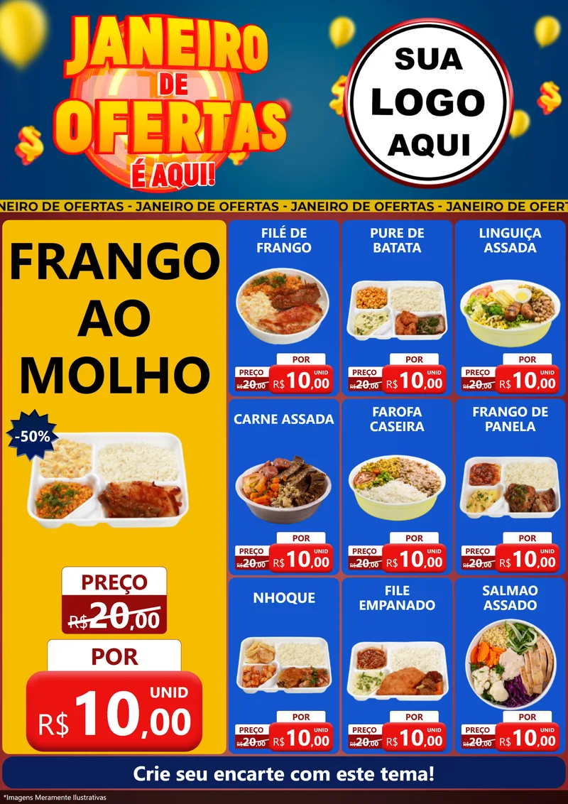 Modelo de Encarte para Encarte A4 Vertical com o tema Janeiro de Ofertas É Aqui! para Restaurante