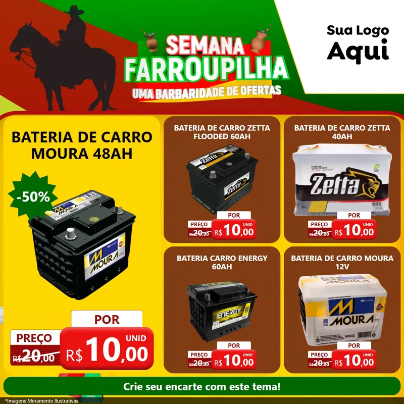 Modelo de Rede Social para Feed Facebook com o tema Semana Farroupilha - Uma Barbaridade de Ofertas para Baterias Elétricas