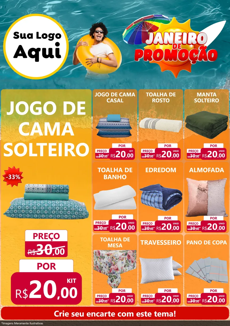 Modelo de Encarte para Encarte A4 Vertical com o tema Janeiro de Promoção para Cama, Mesa e Banho