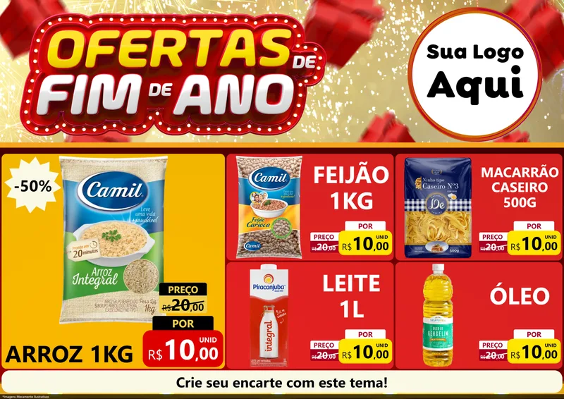 Modelo de Encarte para Encarte A4 Horizontal com o tema Ofertas de Fim de Ano para Supermercado