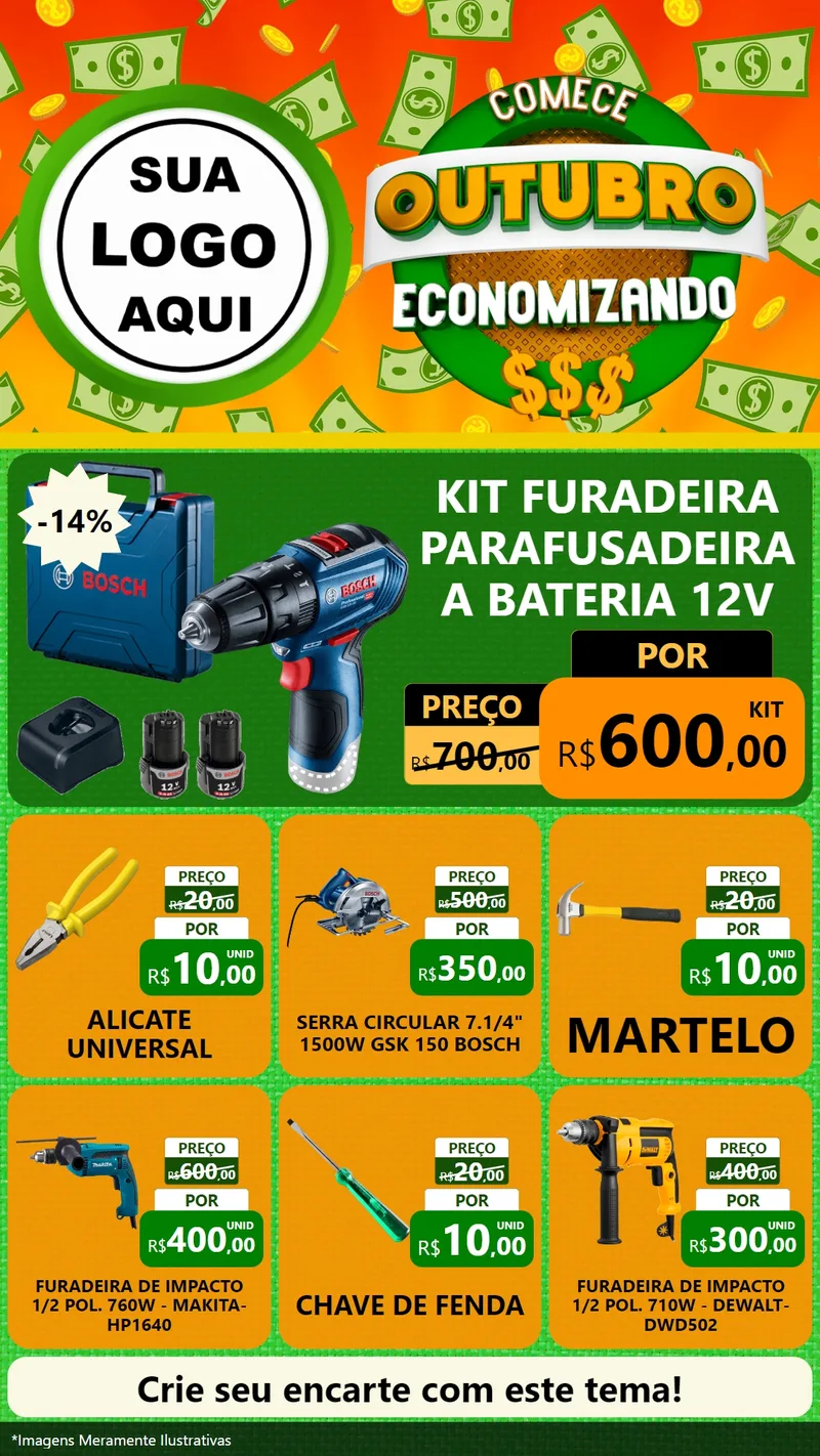 Modelo de Rede Social para Stories com o tema Comece Outubro Economizando para Maquinas e Ferramentas