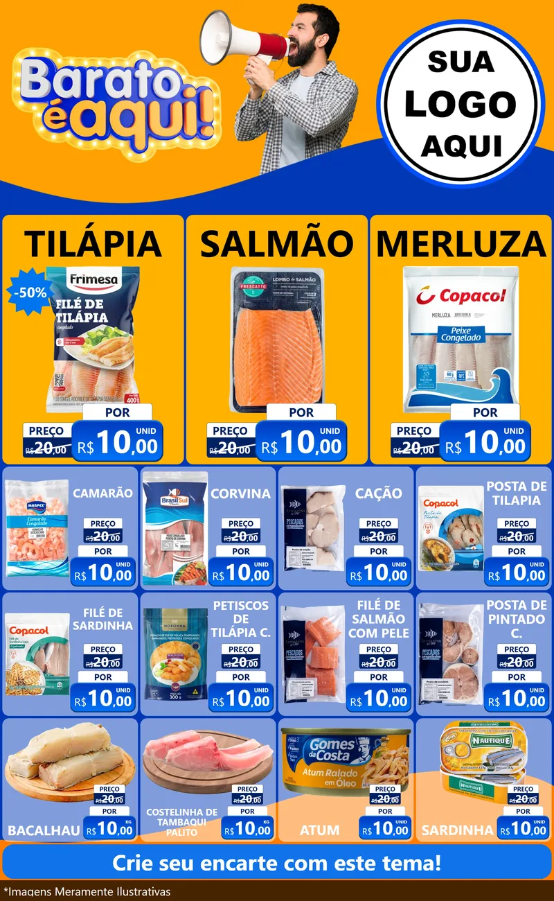 Modelo de Encarte para Encarte Grande com o tema Barato é aqui para Peixaria