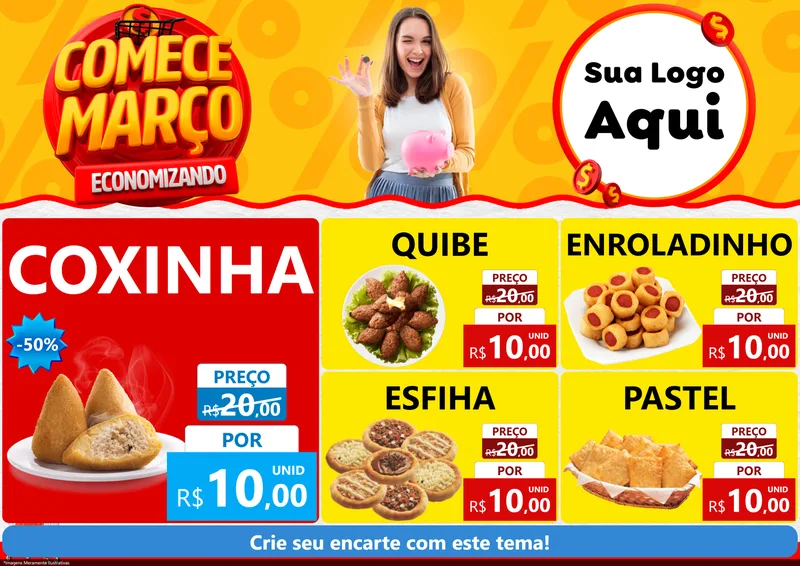 Modelo de Encarte para Encarte A4 Horizontal com o tema Comece Março Economizando para Salgadaria
