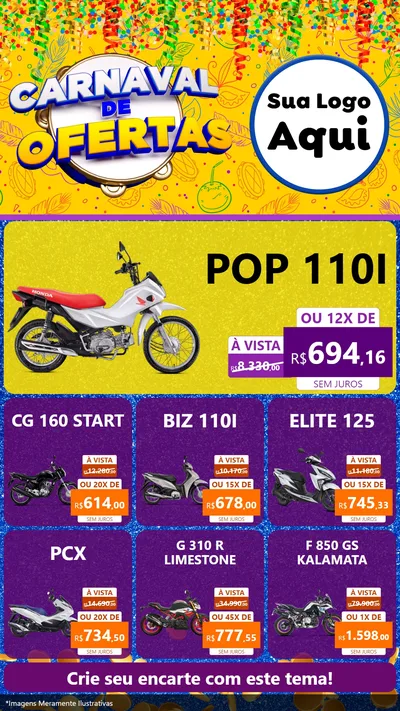 Modelo de Rede Social para Stories com o tema Carnaval de Ofertas para Concessionaria de Motos