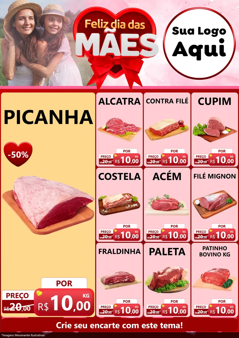Modelo de Encarte para Encarte A4 Vertical com o tema Feliz Dia Das Mães para Açougue